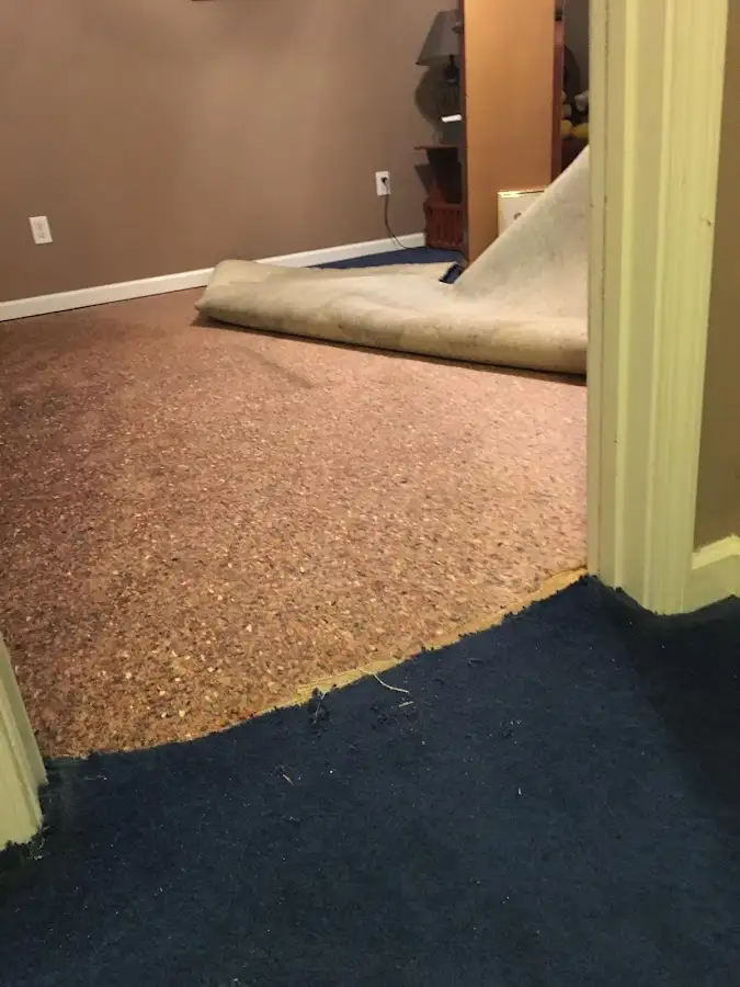 Carpet pad removal revealing water damage during Water Mitigation Services in Romeoville